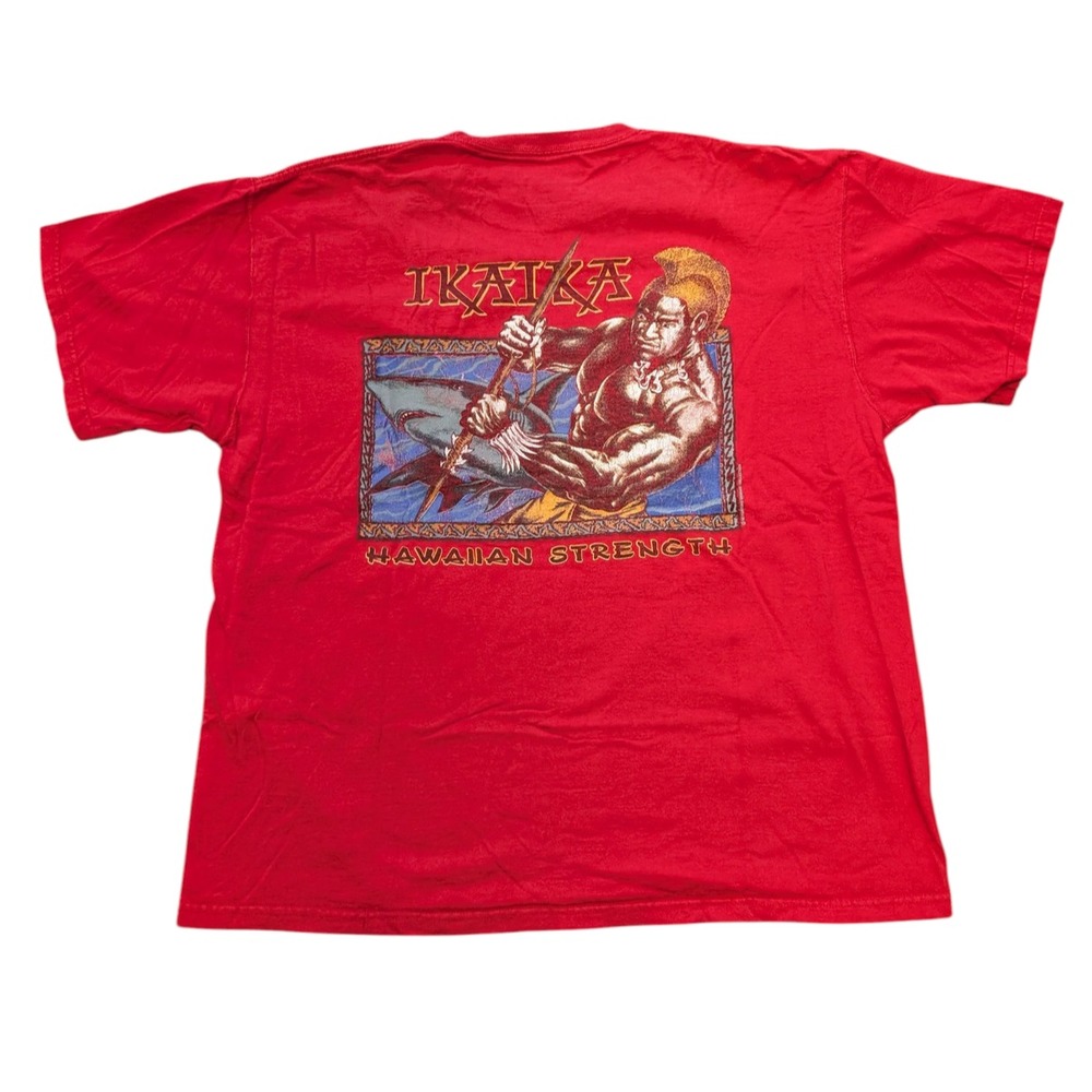 Vintage 1998 Ikaika Hawaiian Strength‎ Shirt Red Tribal Warrior Graphic XL